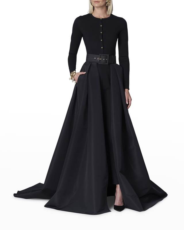 High-Waist Silk Pants with Attached Ball Overskirt